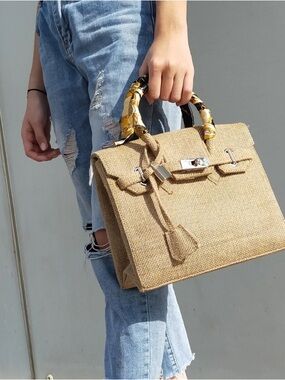 Birkin Style 25 Satchel Double Handle Bag - Natural Jute/Burlap - 25cm